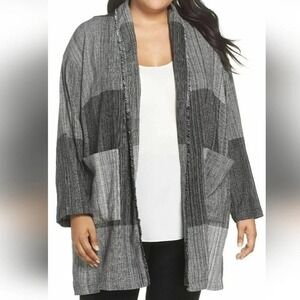 Eileen Fisher Hazy Blocks Cardigan S/M Gray Organic Cotton Colorblock‎ Fringe